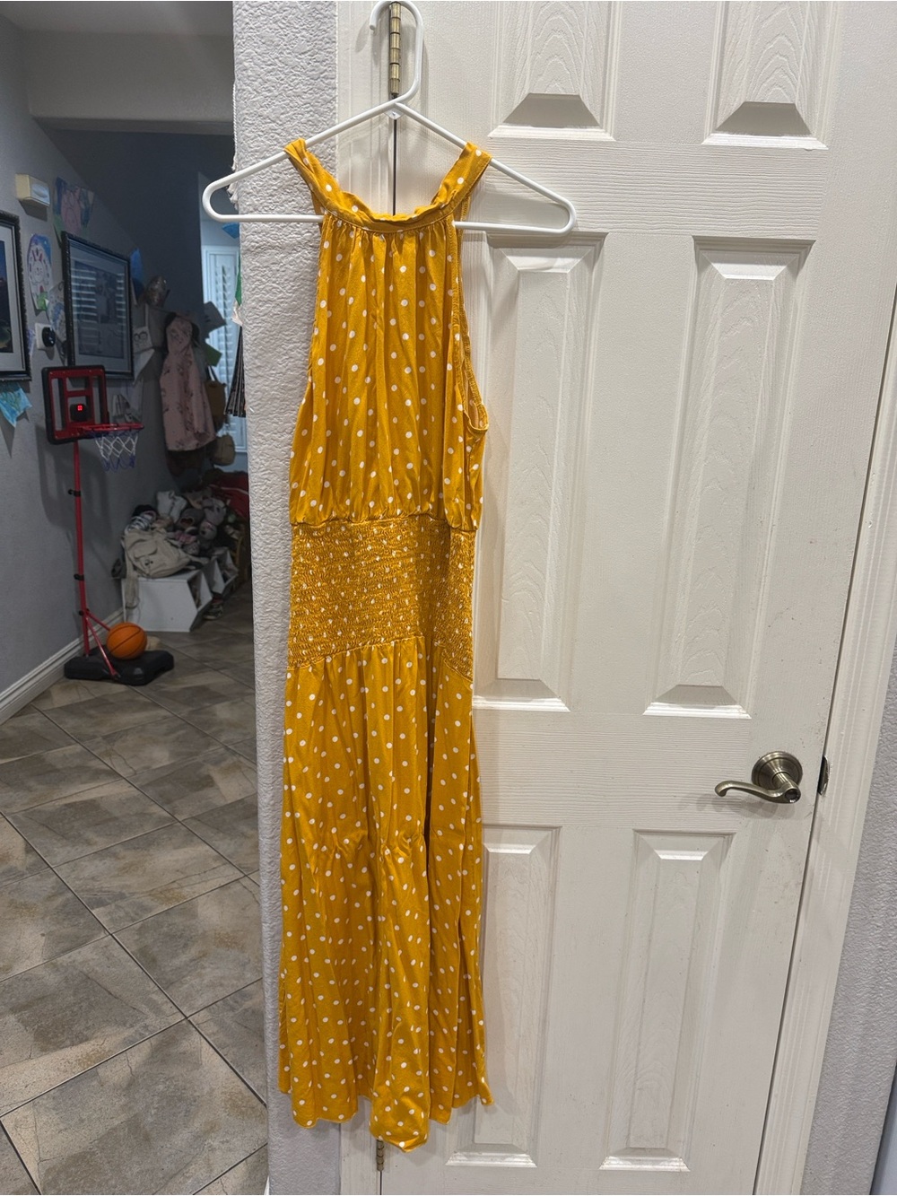 Smocked Halter Polka Dot Maxi Dress in Mustard Yellow